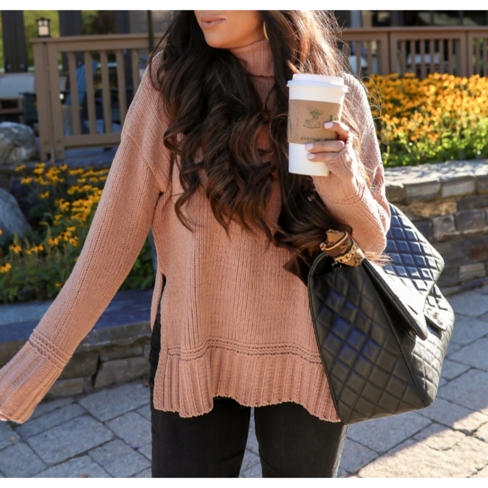 Aerie Chenille Side Split Oversized Turtleneck Sweater Tan Size S